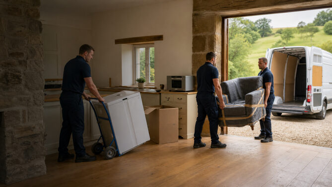 Crew removing a fridge freezer and an armchair from a kitchen out to the van