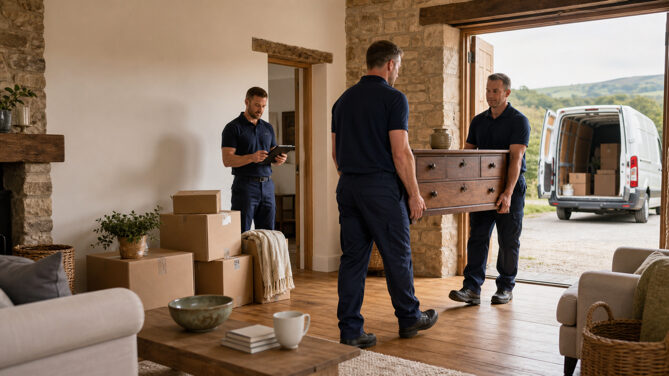 House clearance crew carrying a chest of drawers out to the van at a stone cottage